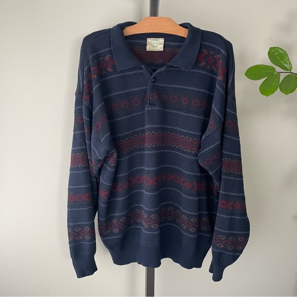 Vintage Northwest Territory Grandpa Knit Sweater With Collar Fair Isle Large - Picture 1 of 8